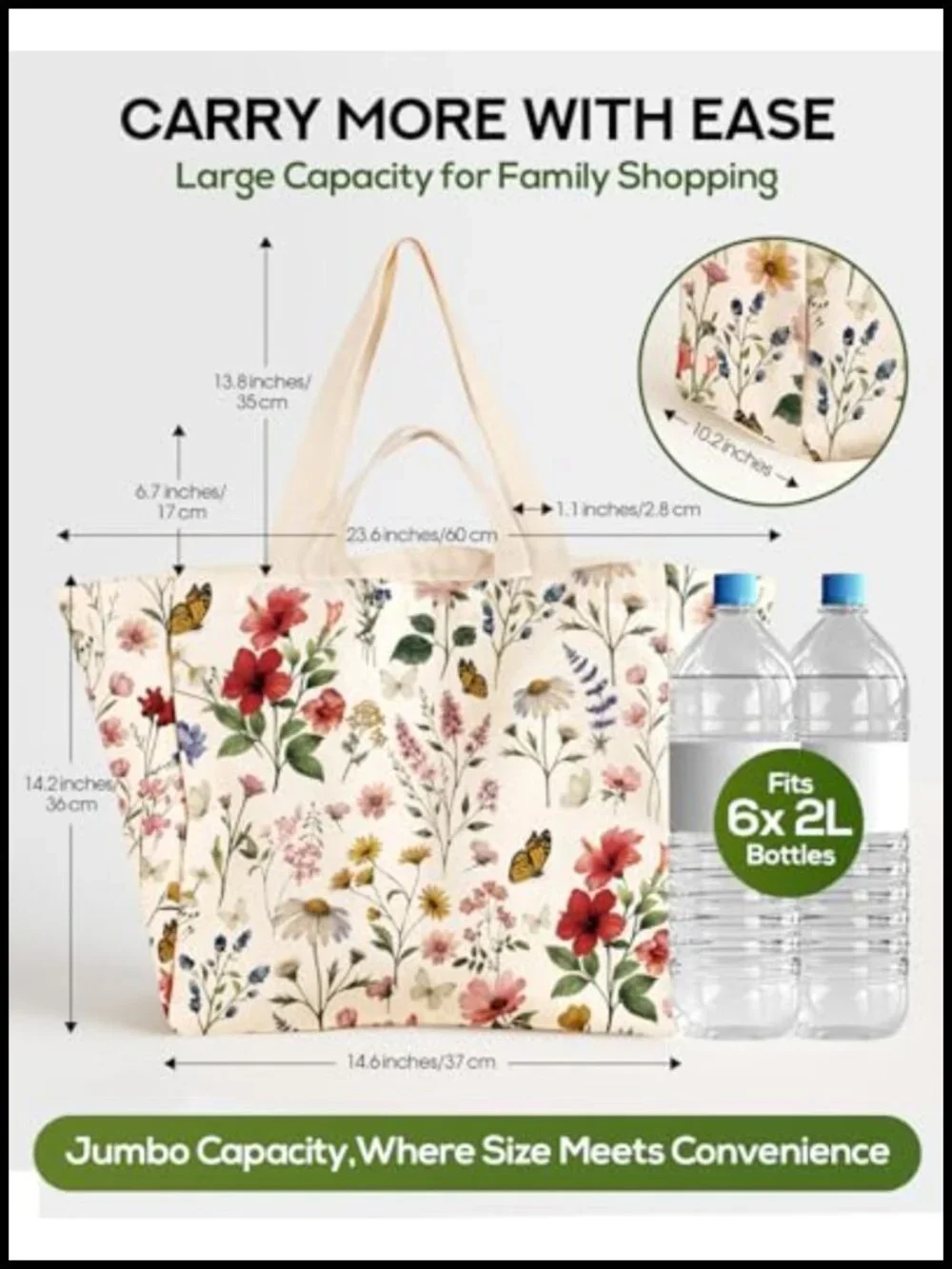 Large Canvas Grocery Tote - Reusable Shopping Bag with 6 Pockets